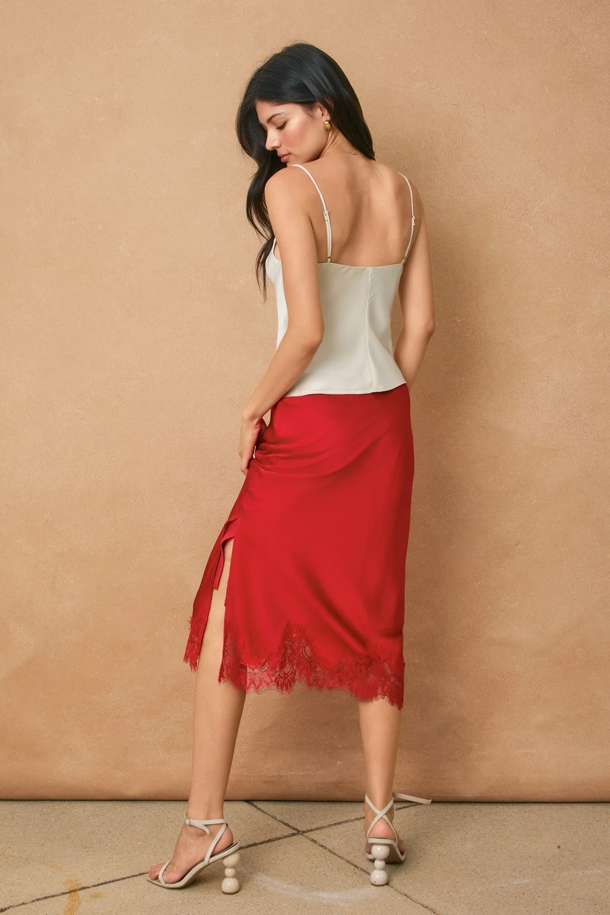 Satin Lace Midi Skirt - Red sold by Maude product image thumbnail 2