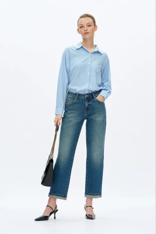 Mid Rise Straight Leg Jeans - Retro Medium Blue sold by Maude
