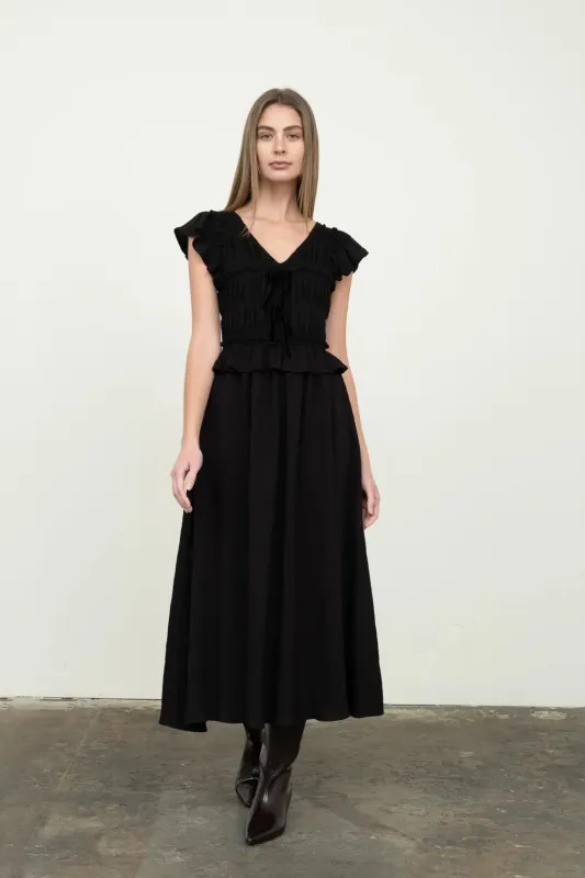 Shirred V Neck Midi Dress sold by Maude