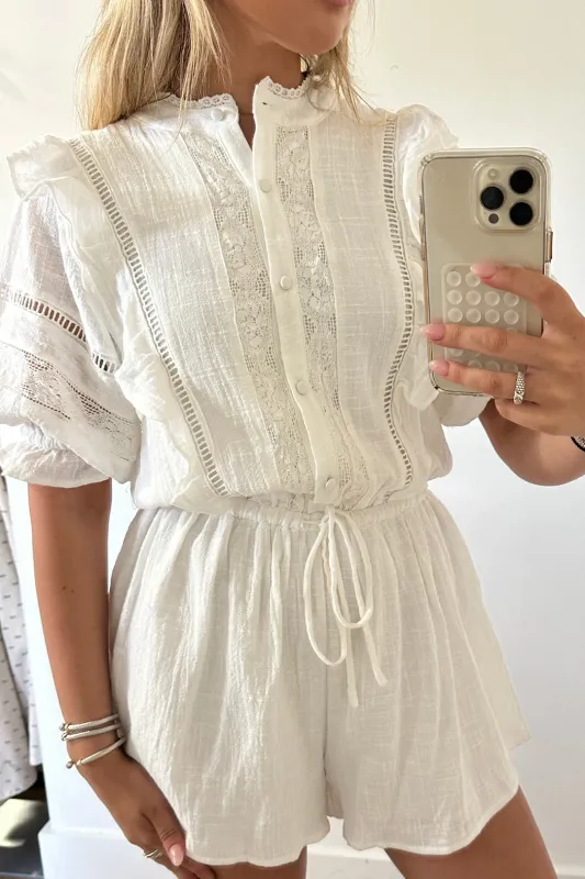 Ethereal Lace Ruffle Romper - White sold by Maude