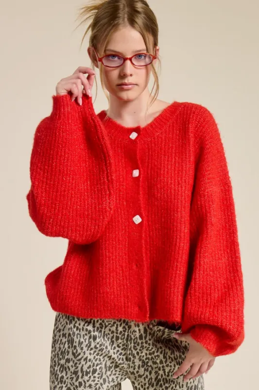 Balloon Sleeve Knit Cardigan - Scarlet sold by Maude