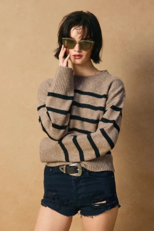 Kelly Button Striped Sweater - Mocha & Black sold by Maude