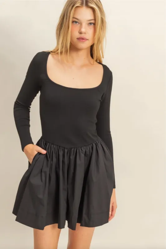 Mixed Media Scoop Neck Mini Dress - Black sold by Maude