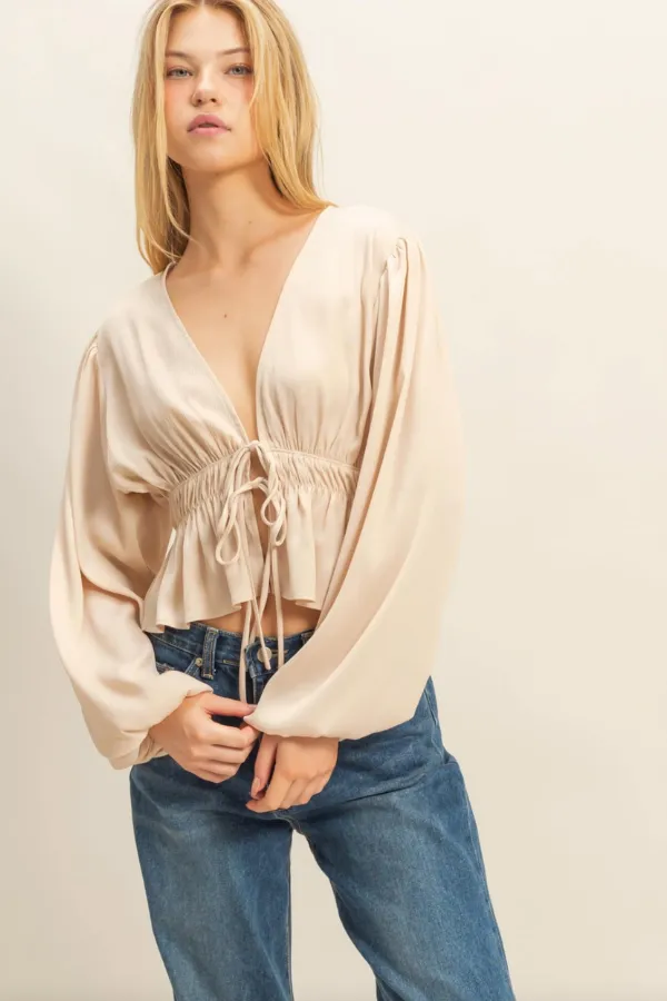 Deep V Peasant Blouse - Champagne sold by Maude product image thumbnail 2