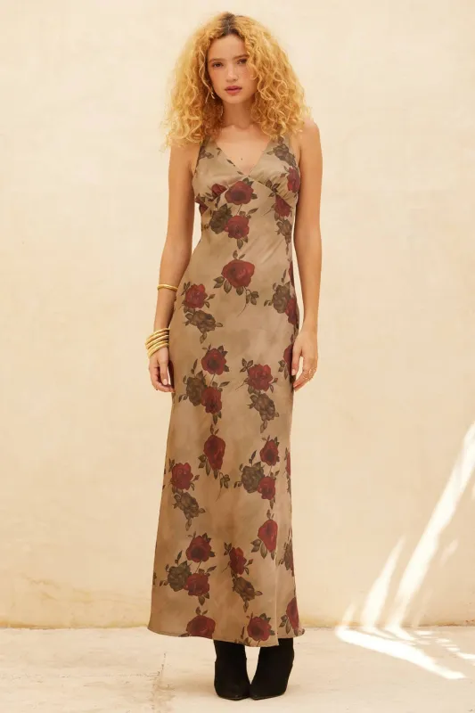Red Rose Floral Print Maxi Dress sold by Maude