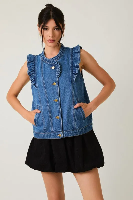Ruffle Detail Denim Vest sold by Maude