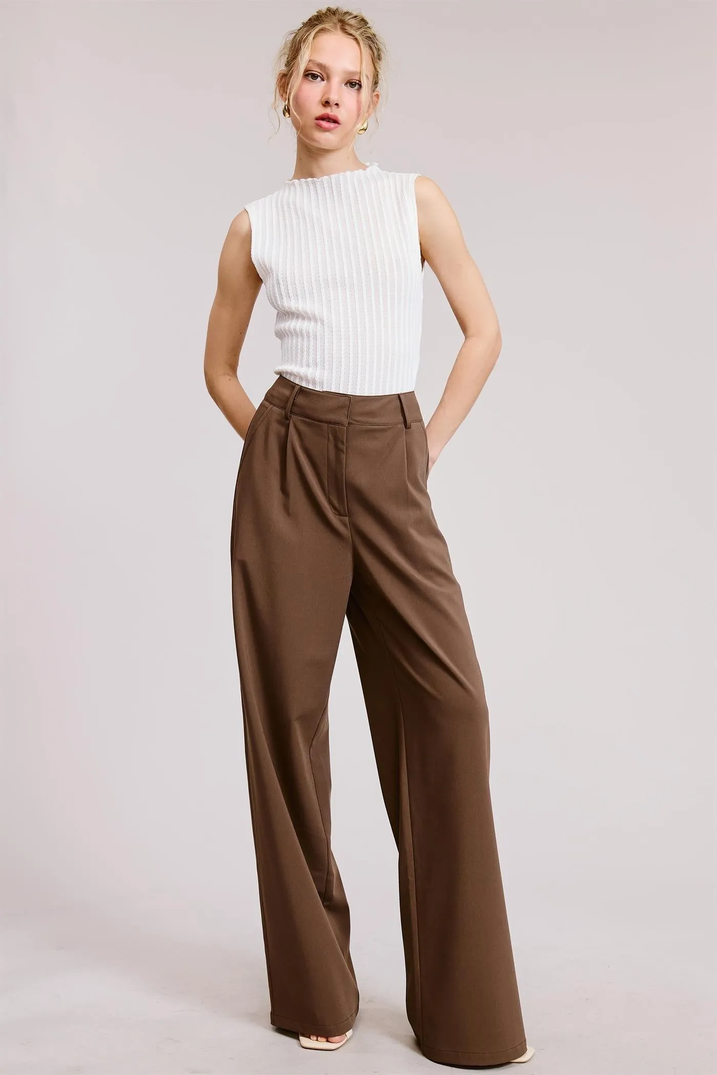 Pleated Wide Leg Trousers - Brown sold by Maude