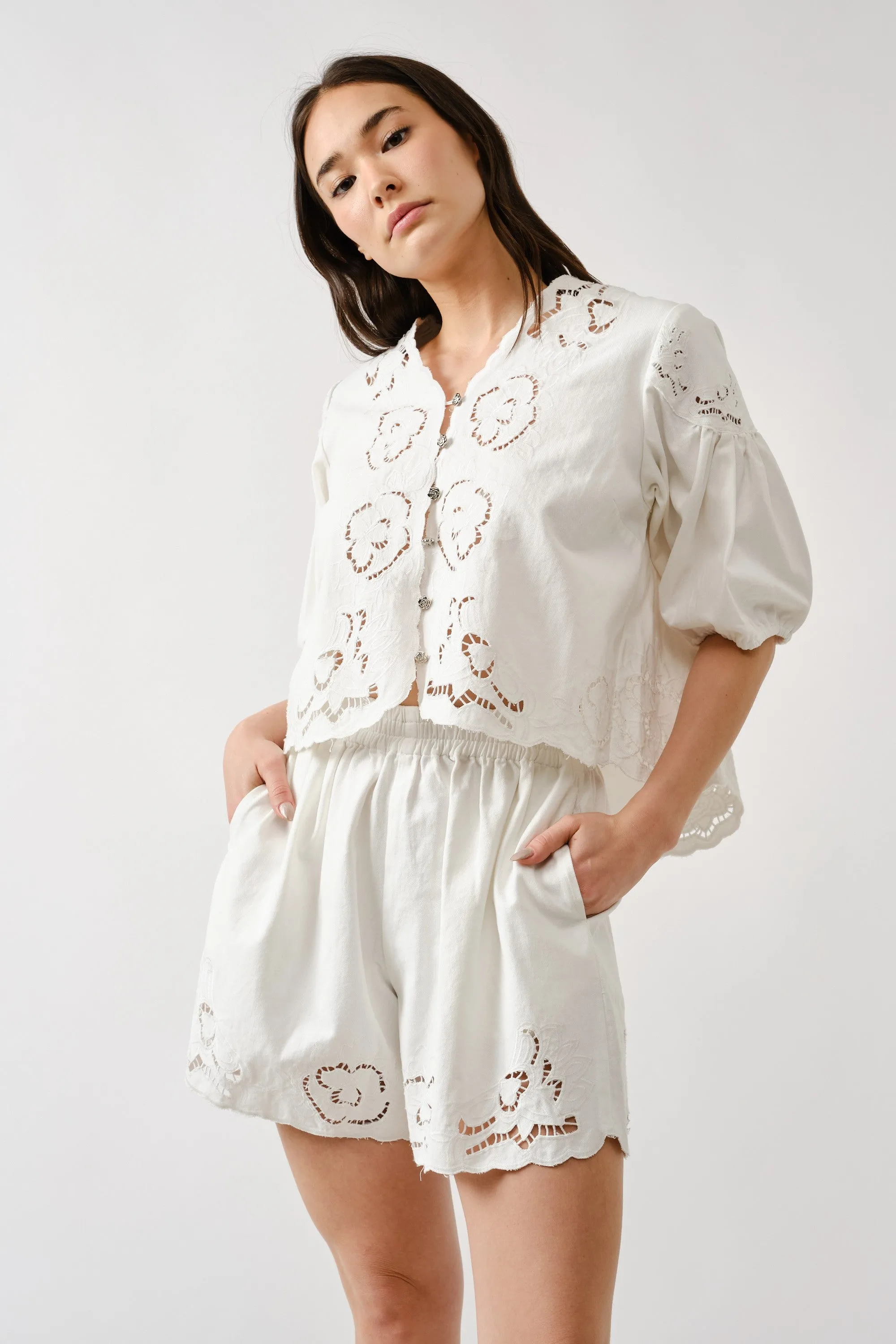 Denim Embroidered Set - White sold by Maude