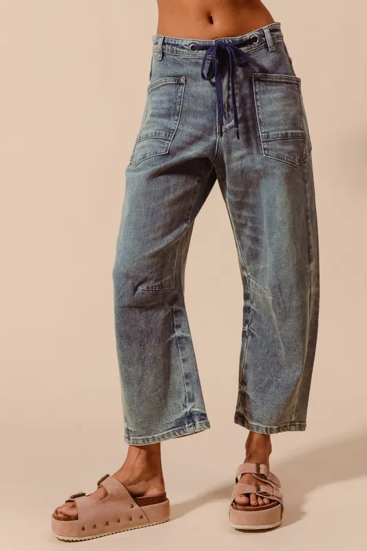 Mid-Rise Denim Barrel Jeans sold by Maude