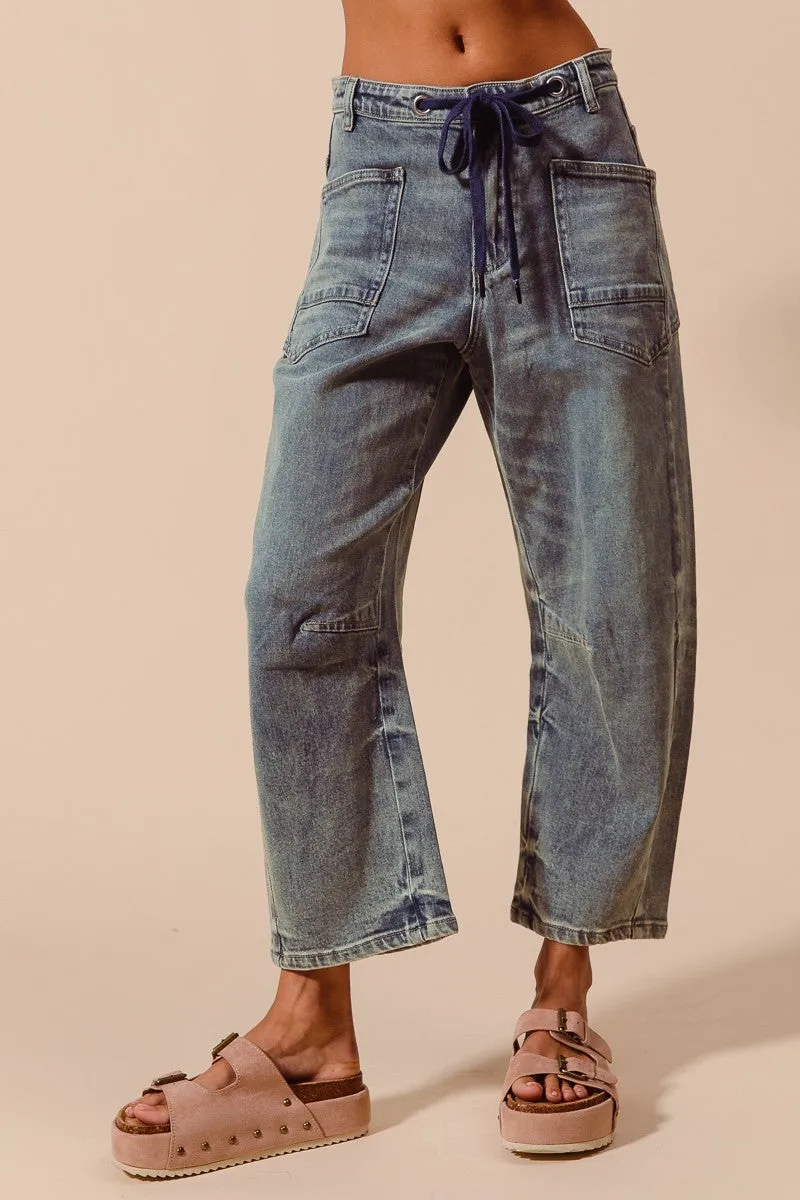 Mid-Rise Denim Barrel Jeans sold by Maude