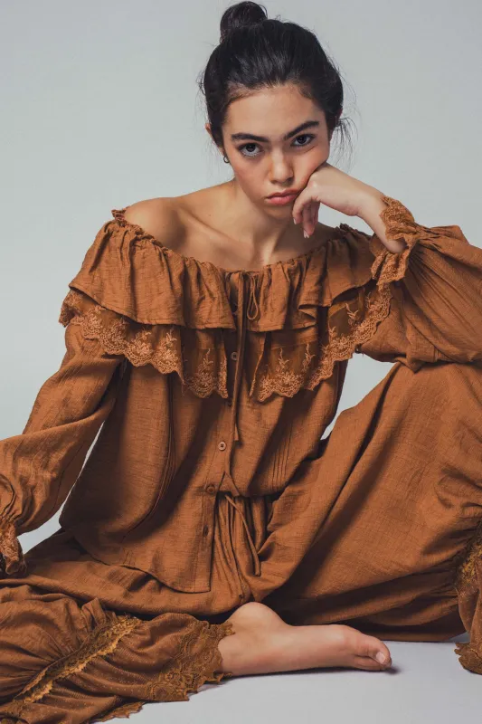 Lace Ruffled Blouse - Brown sold by Maude