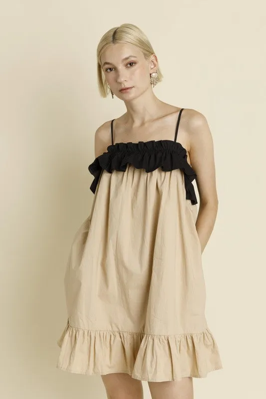 Color Block Ruffle Mini Dress - Tan sold by Maude