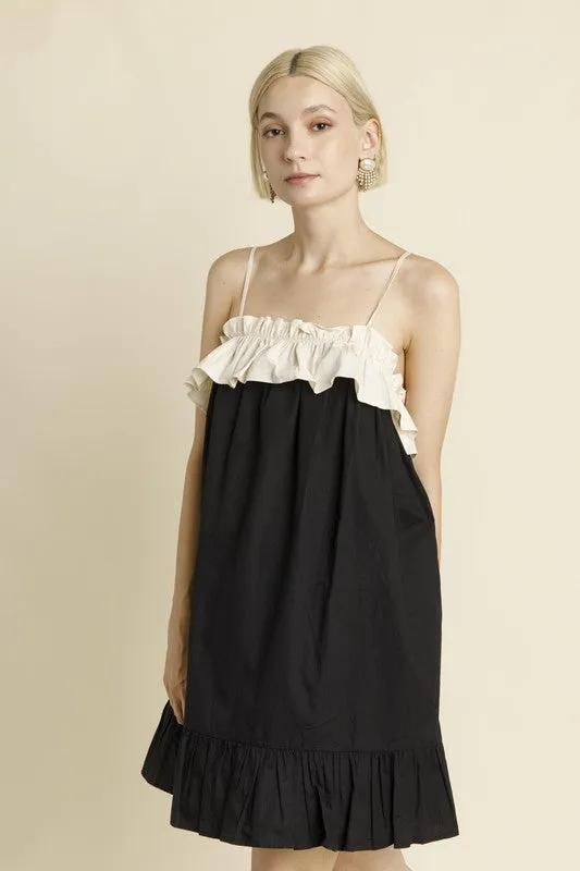 Color Block Ruffle Mini Dress - Black sold by Maude