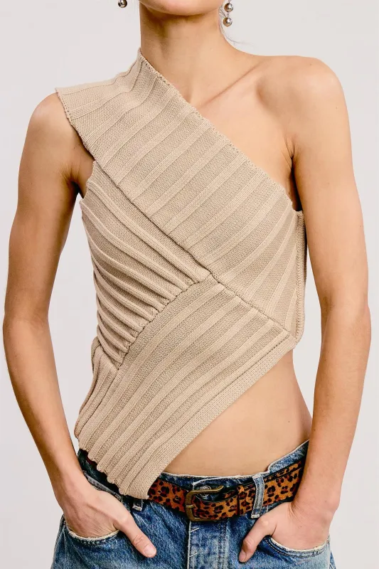 One-Shoulder Ribbed Knit Top - Mushroom sold by Maude