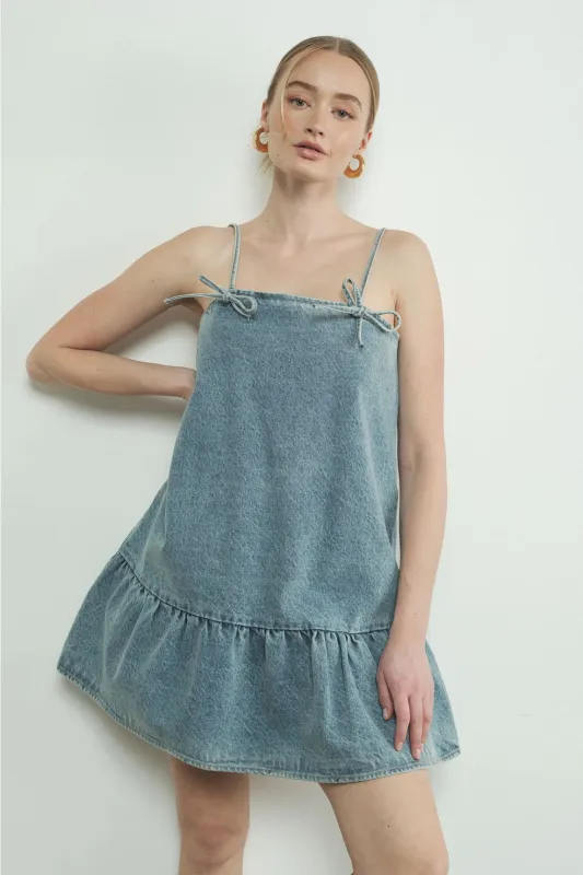 Ribbon Tied Denim Mini Dress sold by Maude