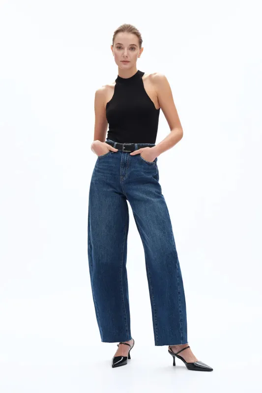 Super High Rise Barrel Denim Jeans - Dark Blue sold by Maude