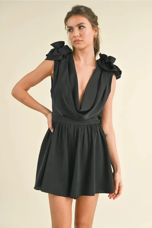 Rosette Cowl Neck Romper - Black made by Klesis