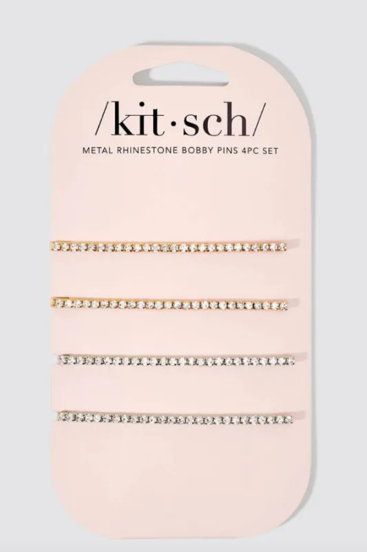KITSCH - Metal Rhinestone Extra Long Bobby Pins 4pc Set - Gold/Silver sold by Maude