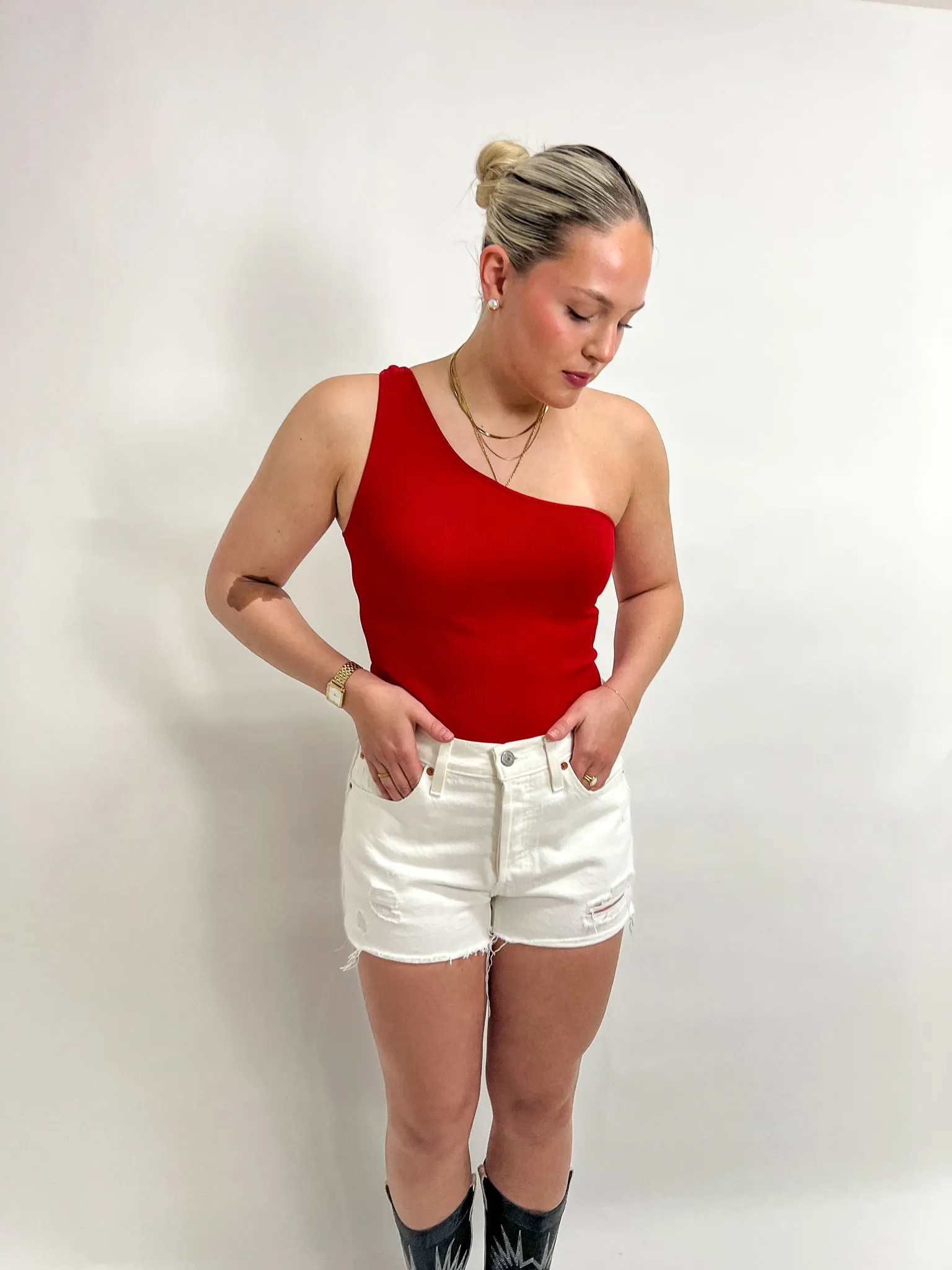 Ribbed One Shoulder Bodysuit sold by Maude product image thumbnail 3