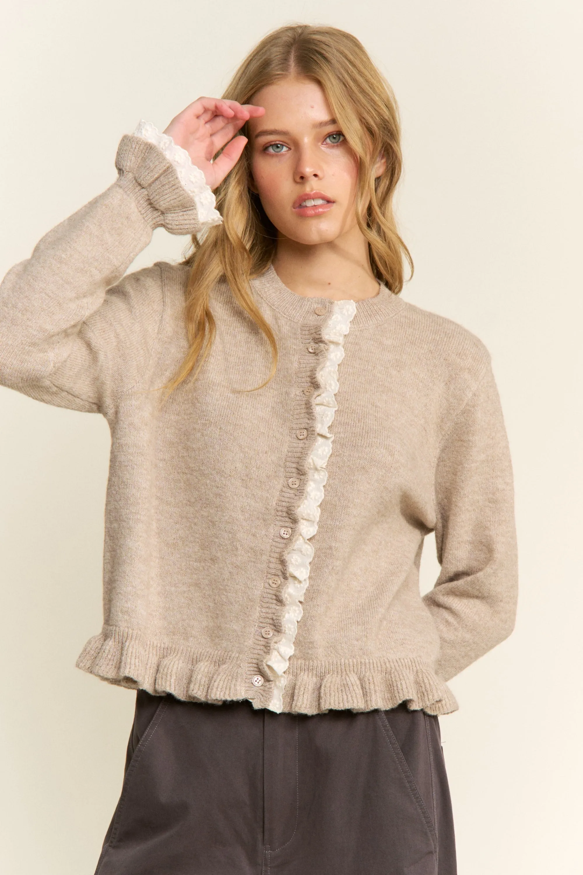 Ruffle Trim Cardigan - Oatmeal sold by Maude product image thumbnail 2