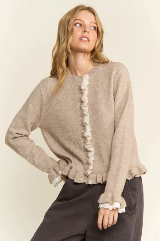 Ruffle Trim Cardigan - Oatmeal sold by Maude