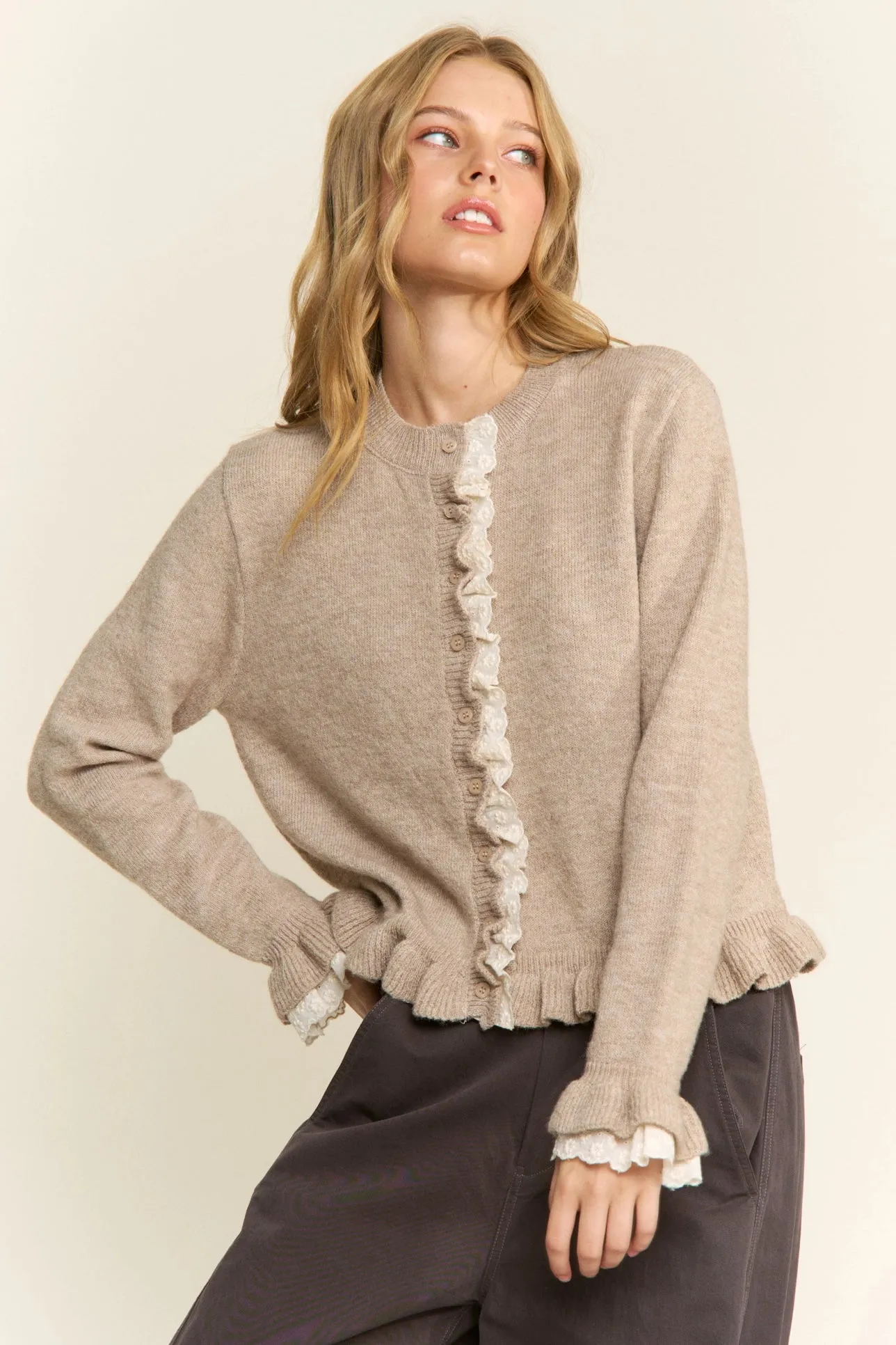 Ruffle Trim Cardigan - Oatmeal sold by Maude