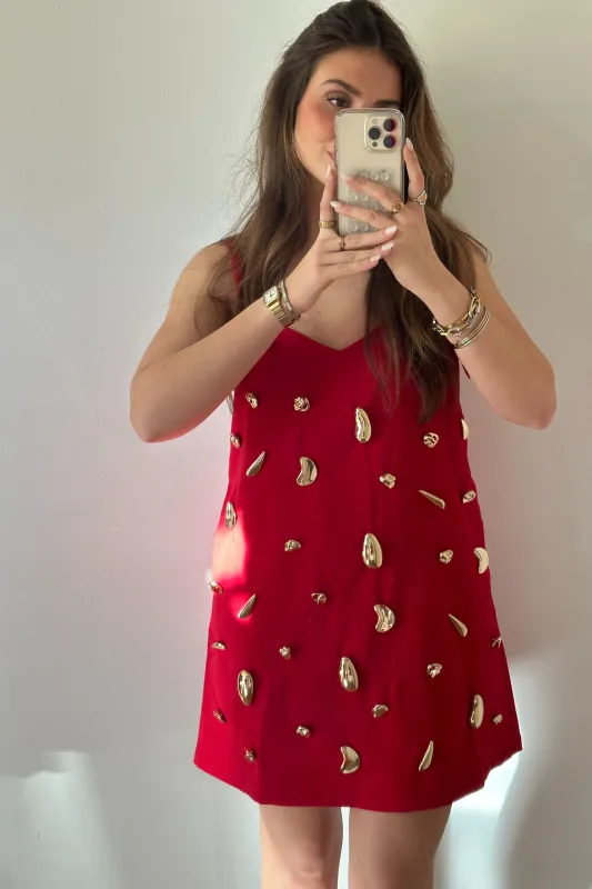 Metallic Embellished Mini Dress - Red sold by Maude