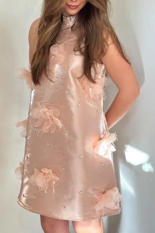 Satin Rhinestone Floral Mini Dress - Pink made by Ina