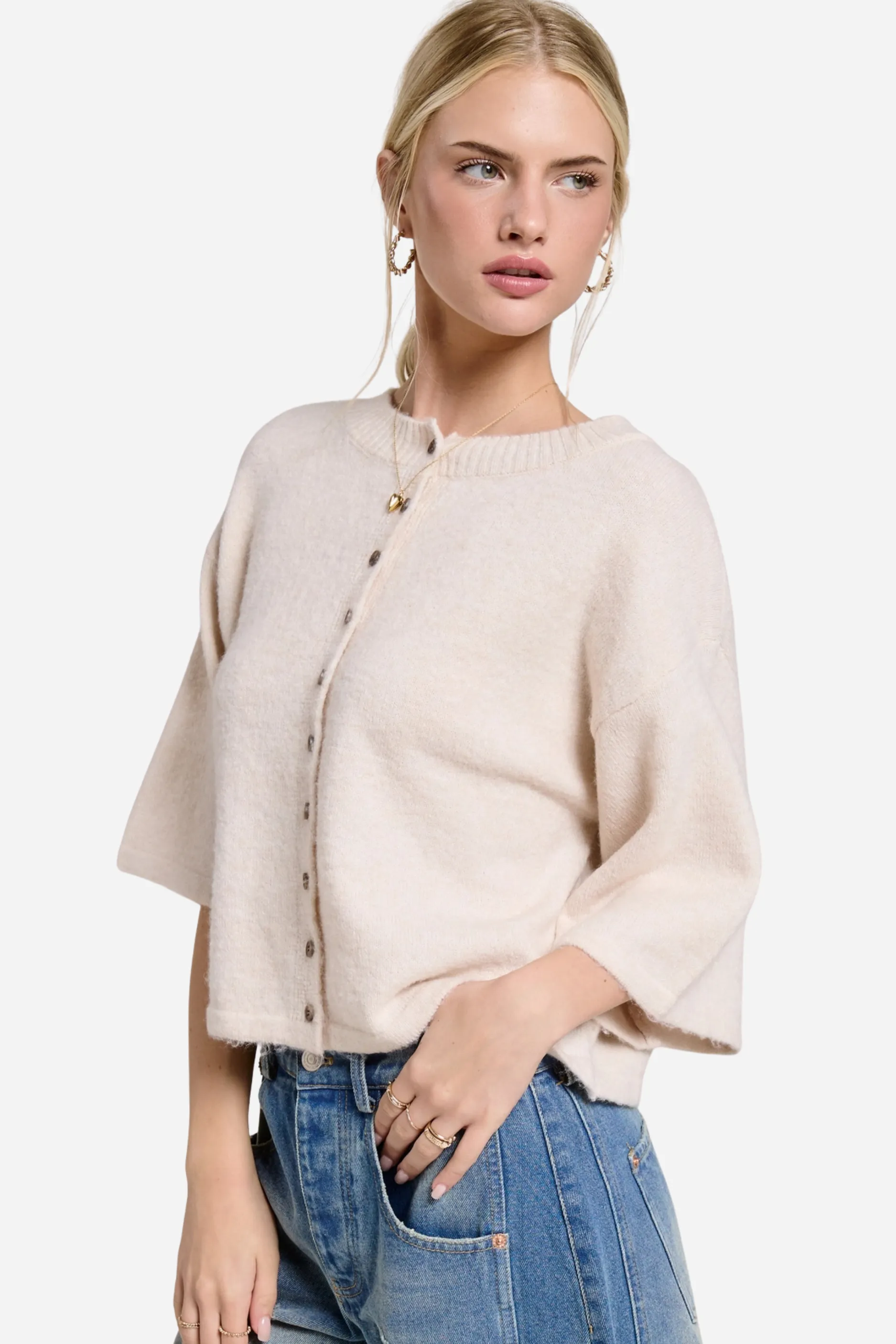 Short Sleeve Knit Cardigan - Beige sold by Maude