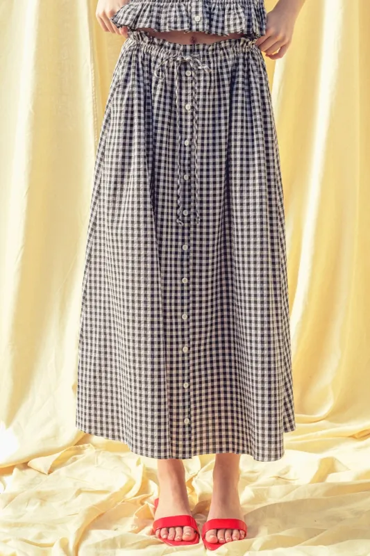 Gingham Button Down Maxi Skirt - Black made by mioumuse