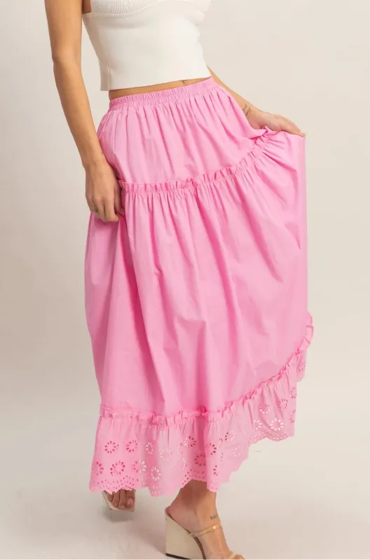 Tiered Eyelet Maxi Skirt - Pink sold by Maude