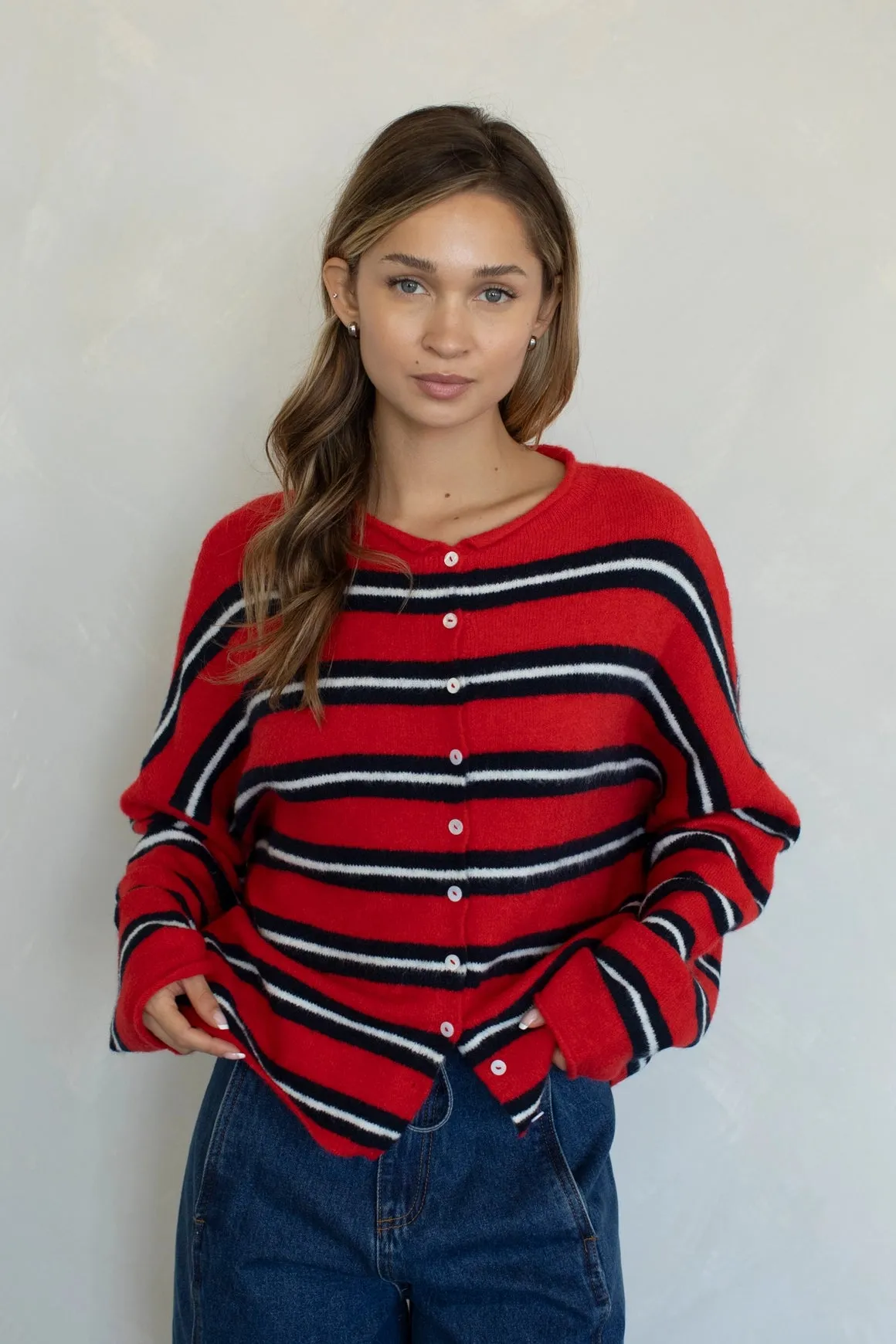 Piper Cardigan - Red Varsity Stripe sold by Maude
