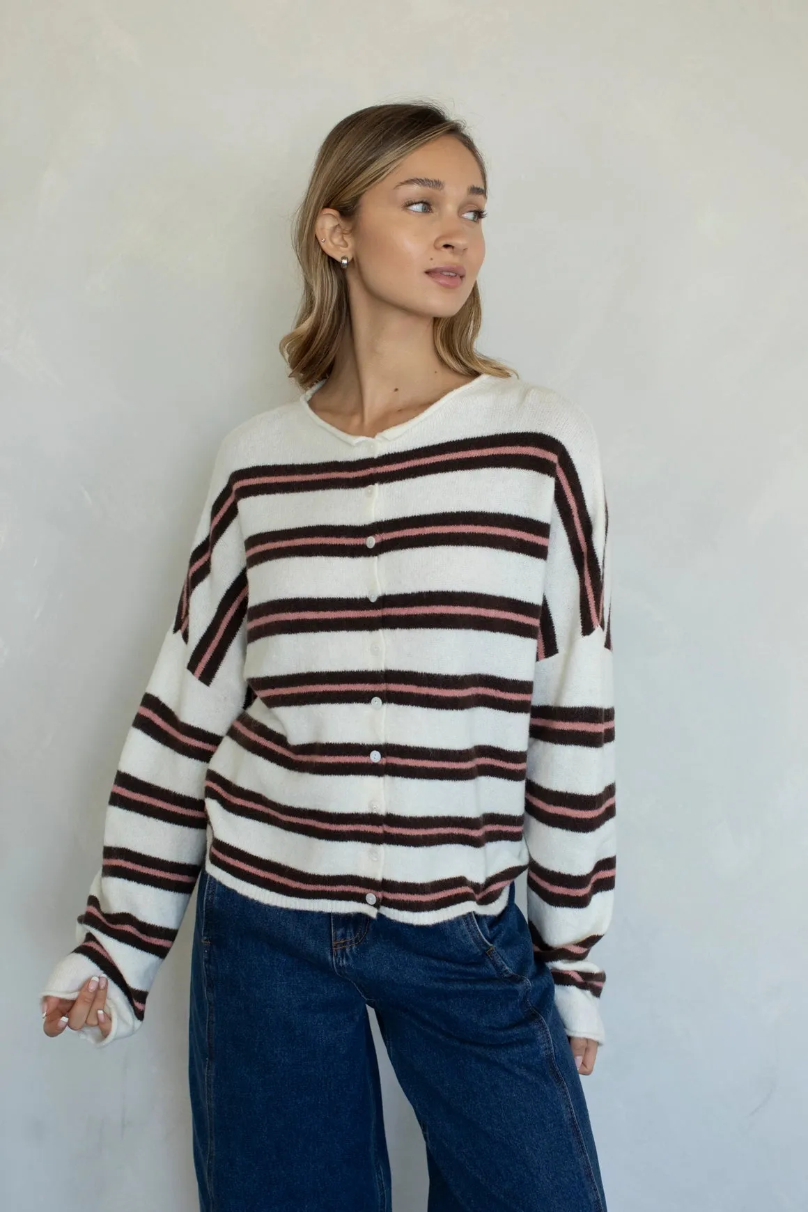 Piper Cardigan - Ivory Varsity Stripe sold by Maude