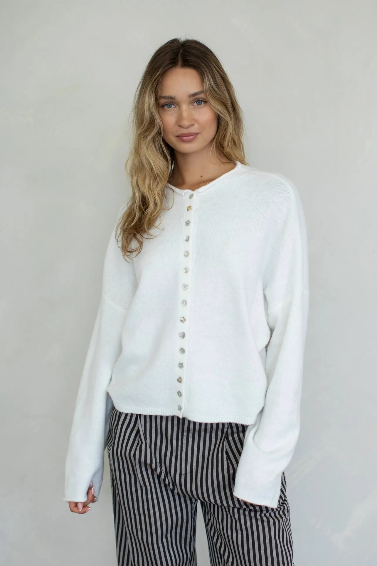 Piper Cardigan Mismatch Buttons - White sold by Maude
