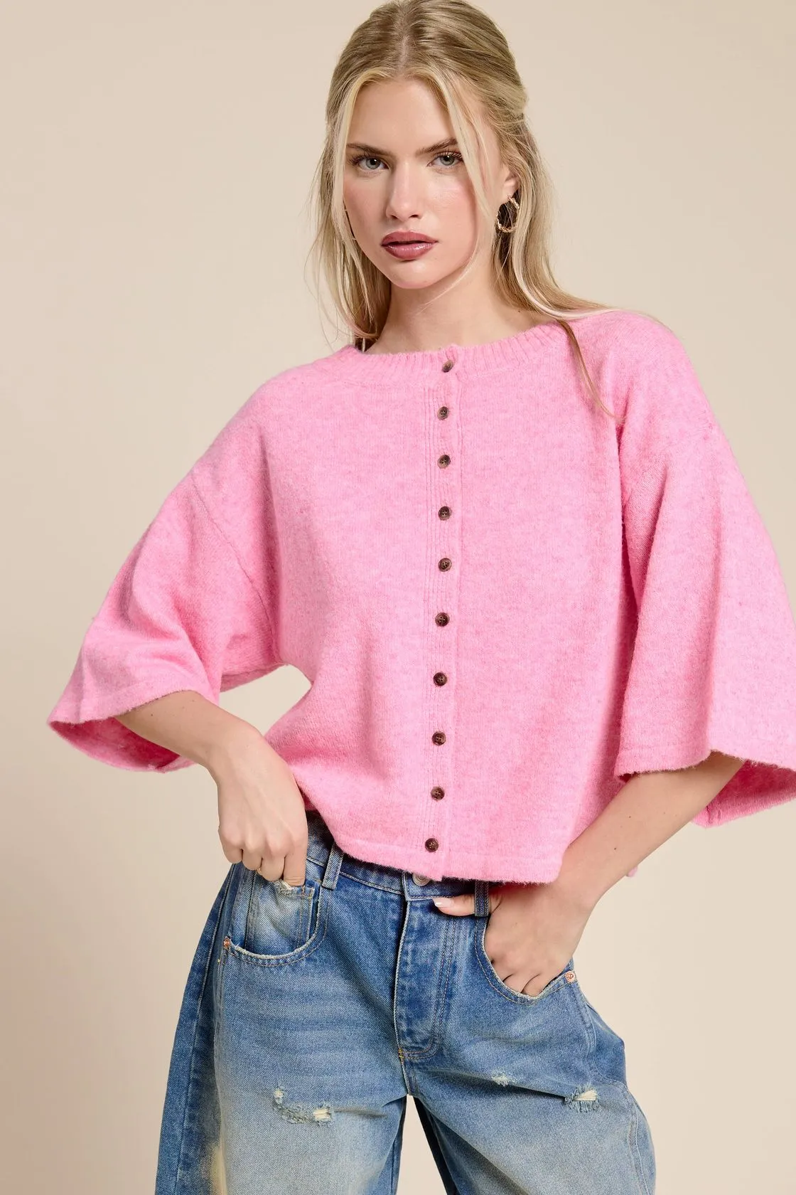 Short Sleeve Knit Cardigan - Pink sold by Maude