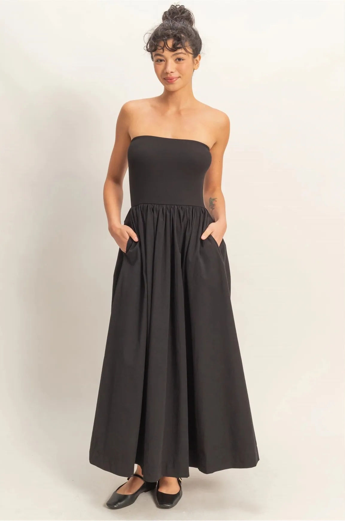 Strapless Flowy Midi Dress - Black sold by Maude