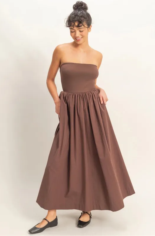 Strapless Flowy Midi Dress - Chocolate made by HYFVE