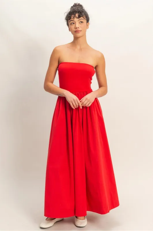 Strapless Flowy Midi Dress - Red sold by Maude