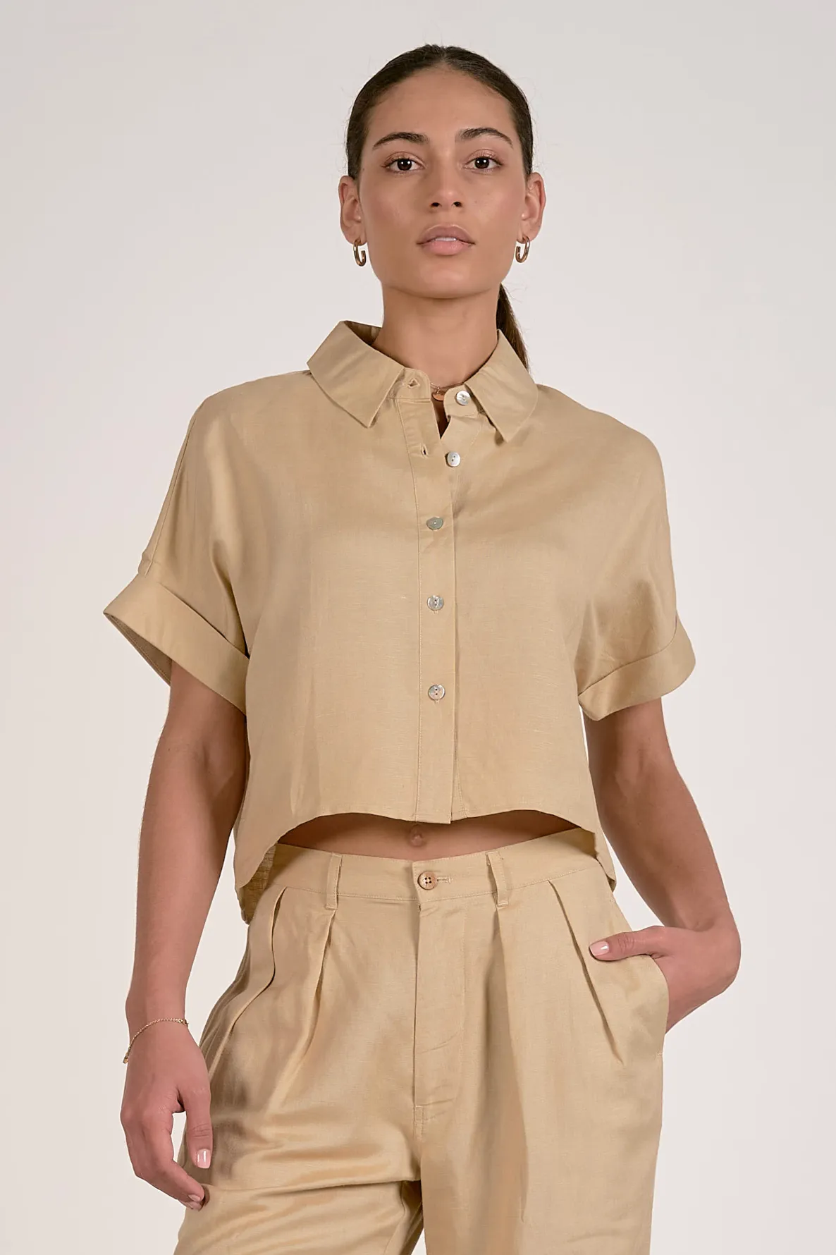 Annie Cropped Button Down - Oatmeal sold by Maude