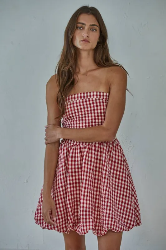 Gingham Print Tube Mini Dress - Red made by By Together