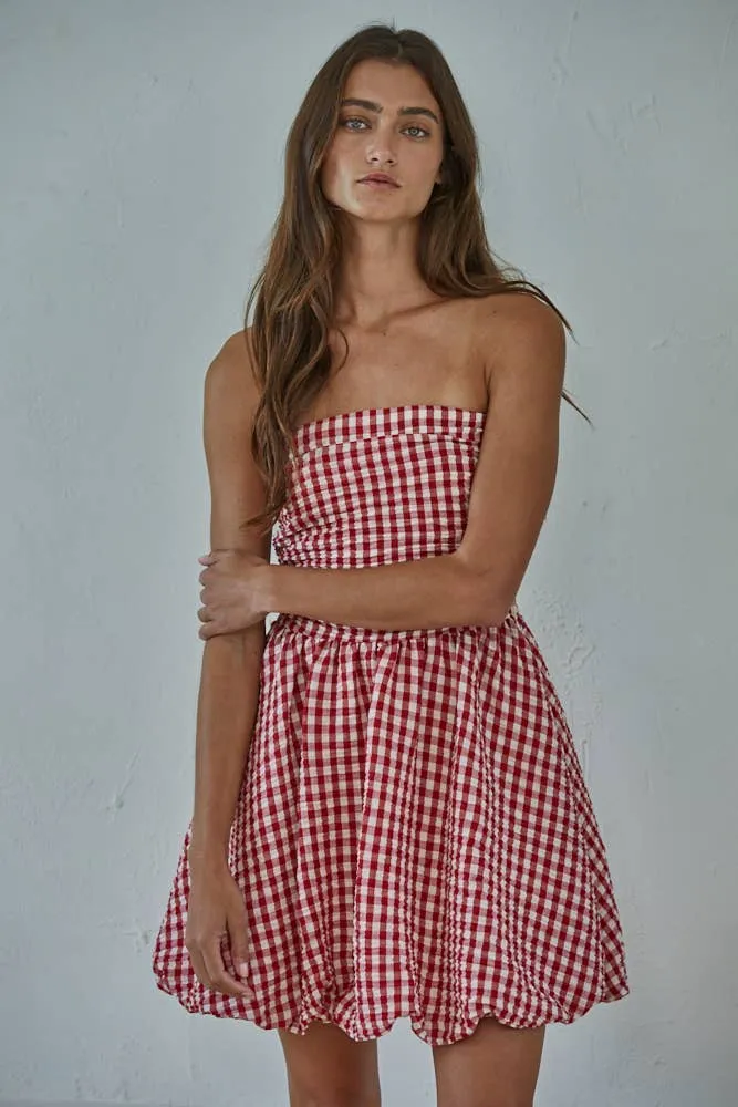Gingham Print Tube Mini Dress - Red sold by Maude