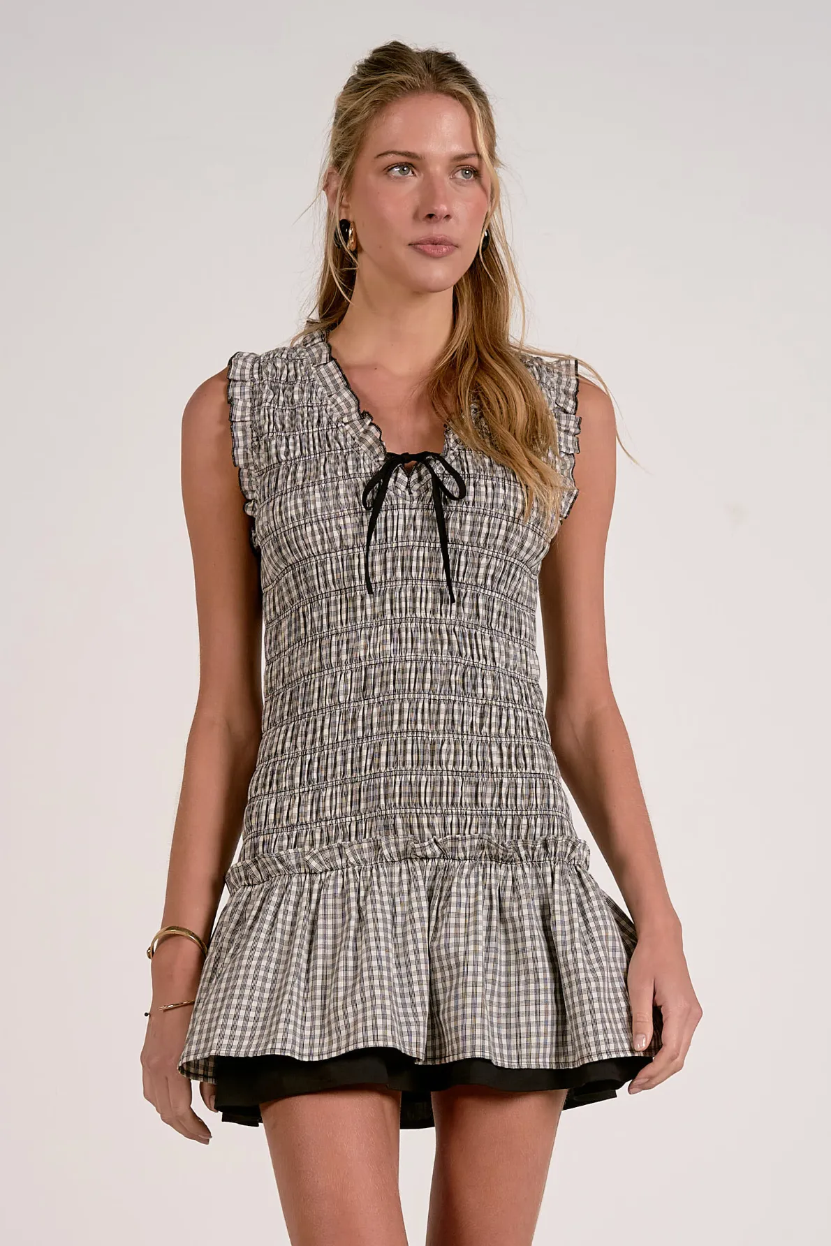 Gingham Ruffle Mini Dress sold by Maude
