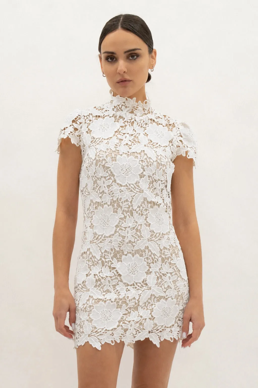 Cap Sleeve Lace Mini Dress - White sold by Maude