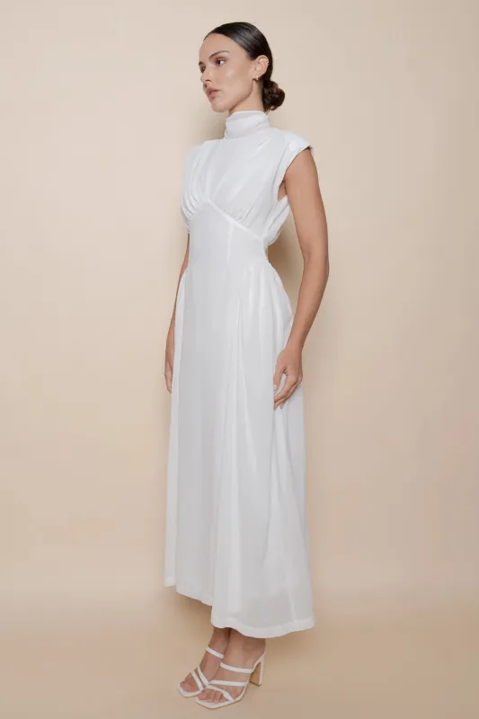 Mock Neck Open Back Maxi Dress - White made by Fore Collection