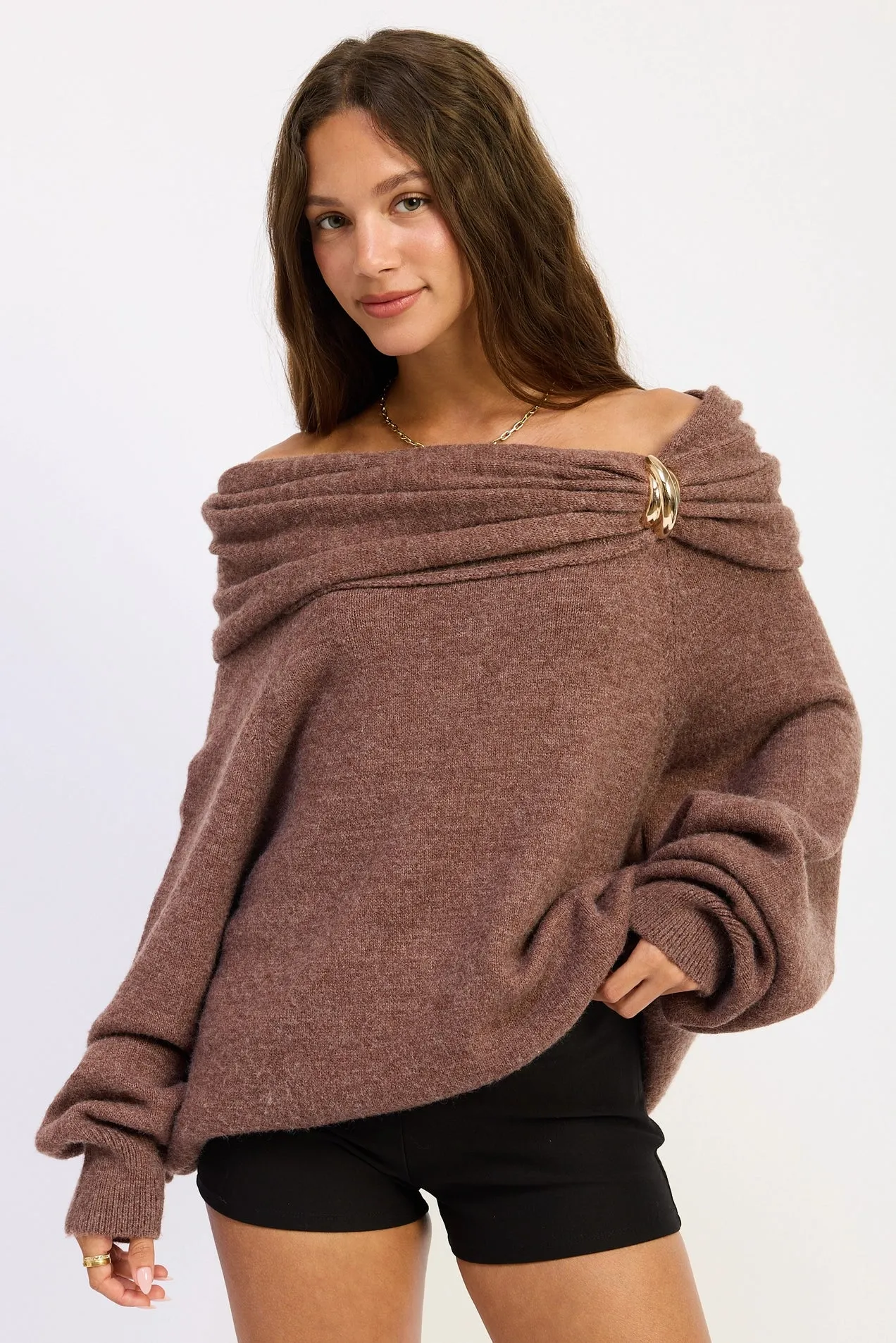 Off Shoulder Bubble Hem Sweater - Chocolate sold by Maude product image thumbnail 3