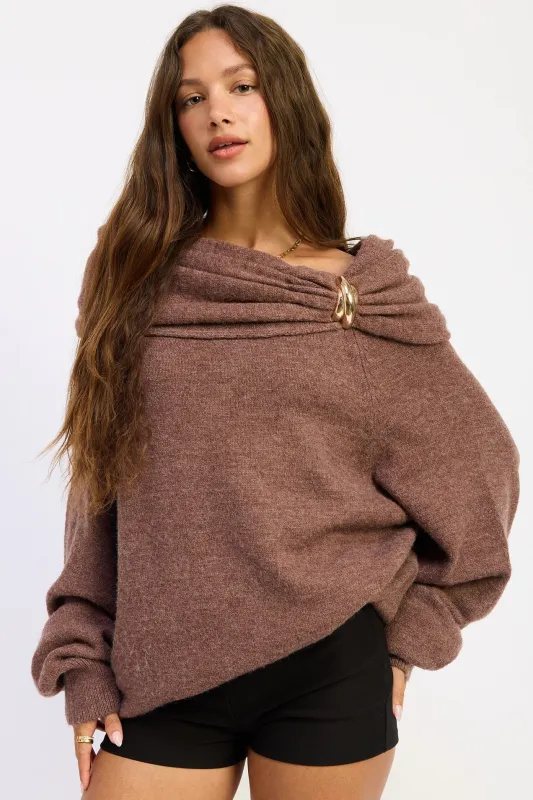 Off Shoulder Bubble Hem Sweater - Chocolate made by emory park