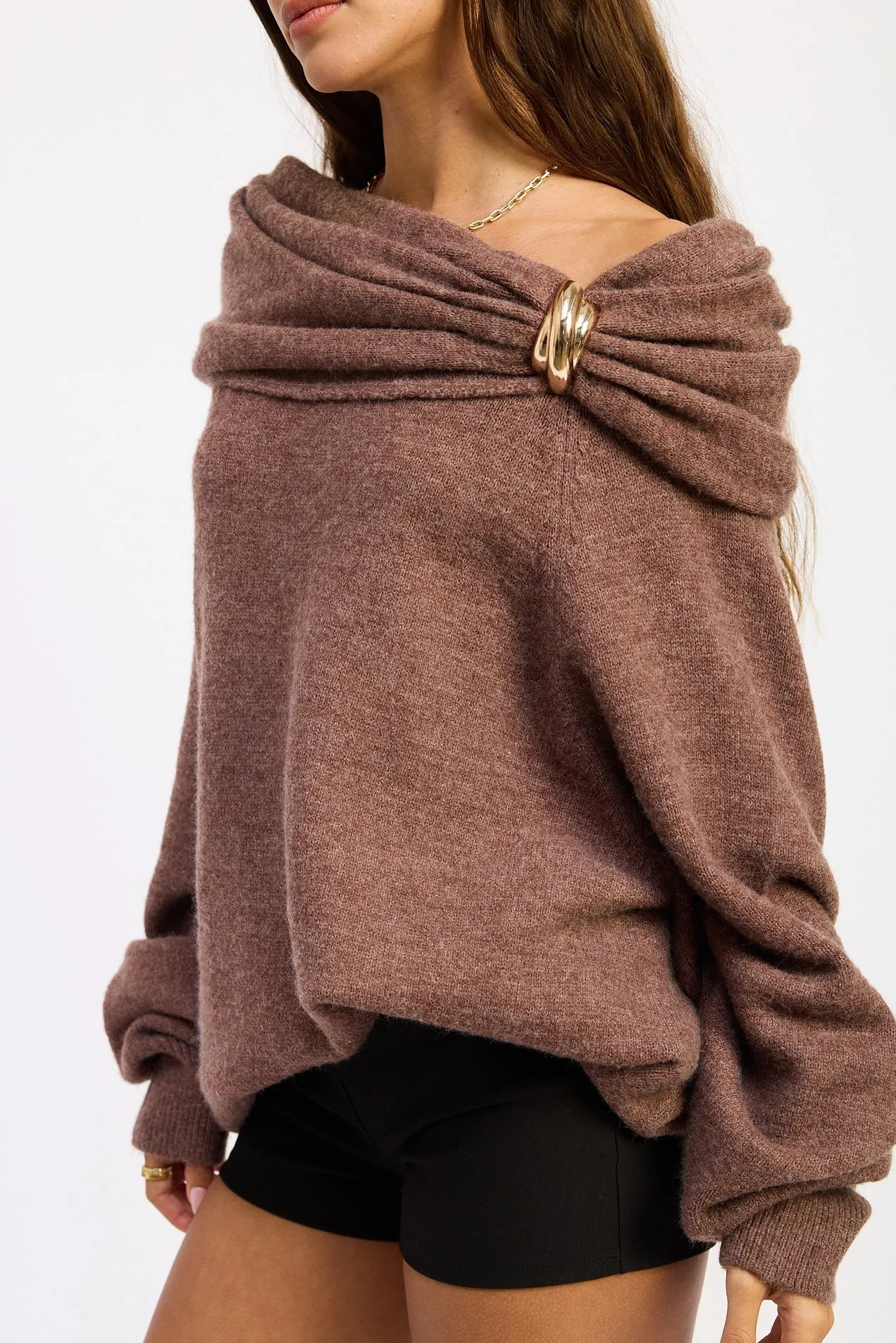 Off Shoulder Bubble Hem Sweater - Chocolate sold by Maude product image thumbnail 2