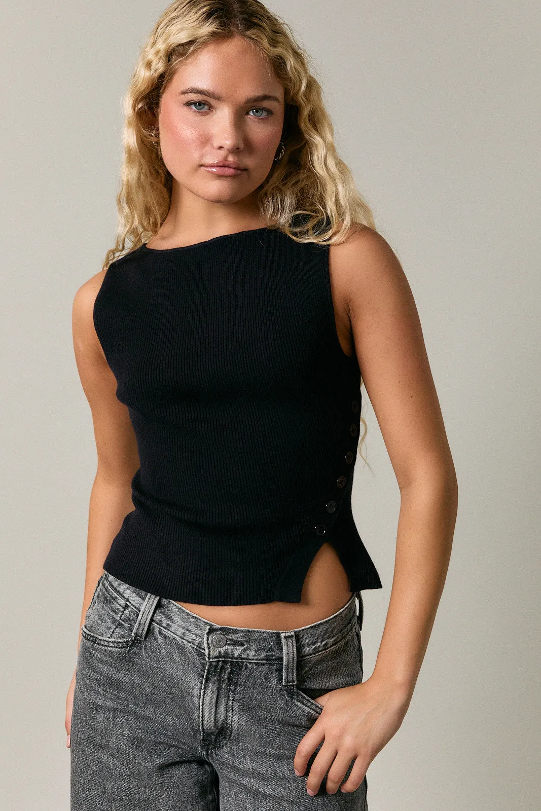 Boat Neck Button Down Sweater Vest - Black sold by Maude