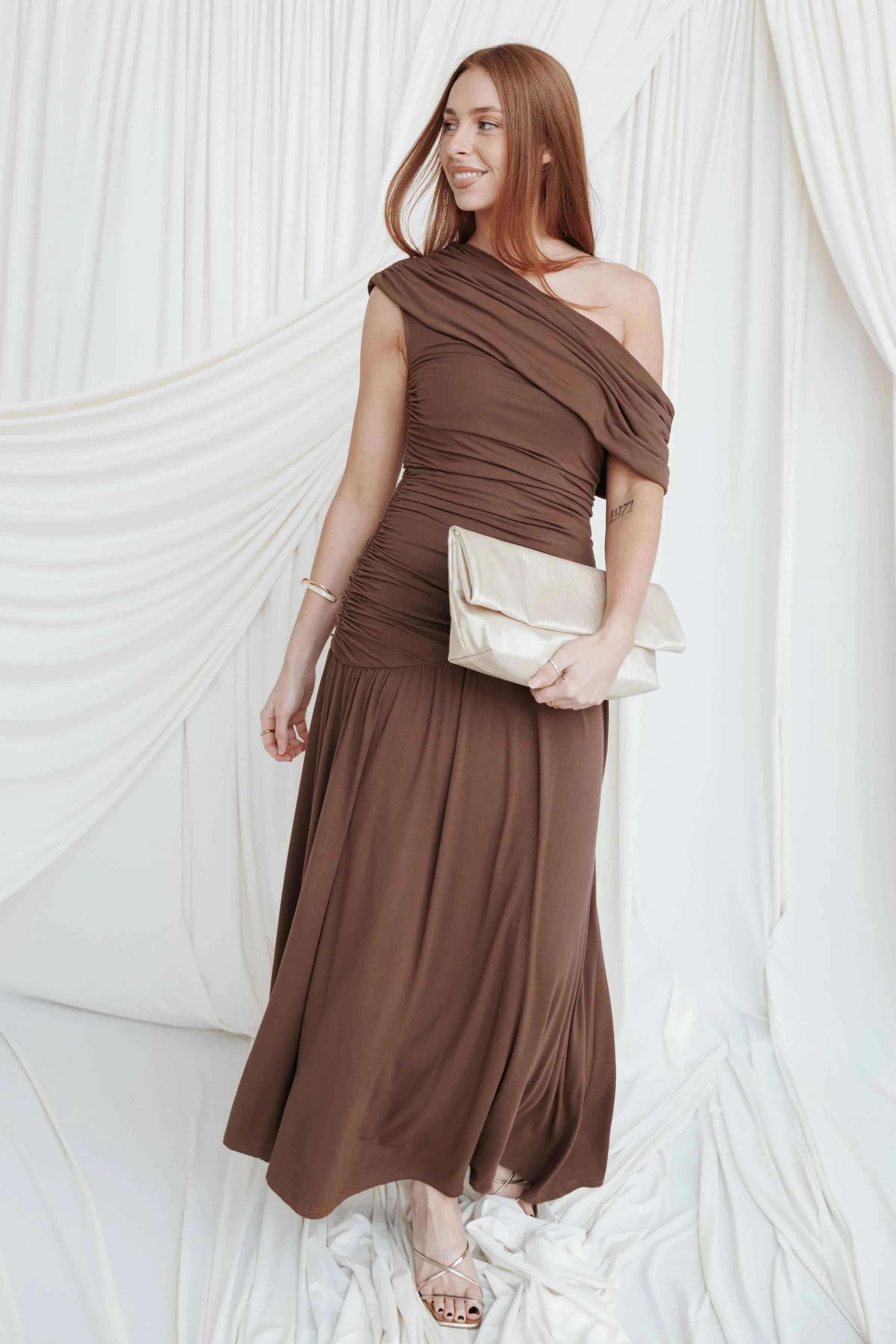 Petal & Pup - Sharmay Off Shoulder Maxi Dress - Brown sold by Maude