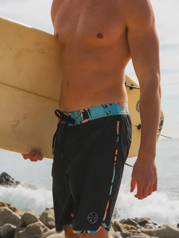Thrashed Boardshorts in Black sold by Maui and Sons